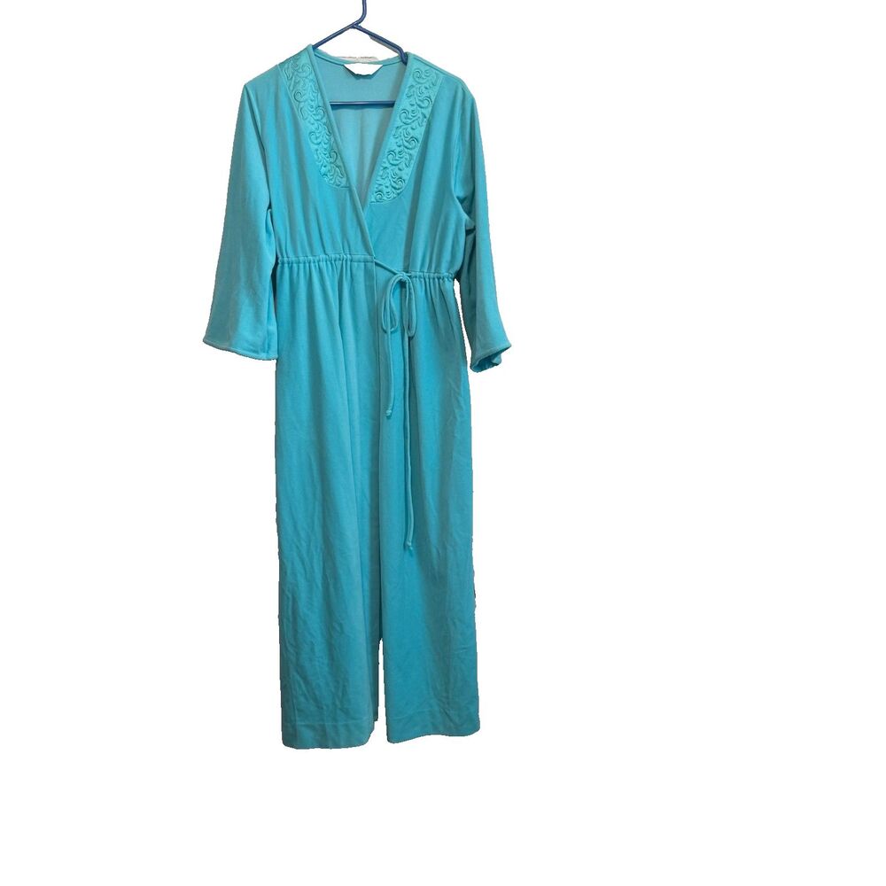 VTG Vanity Fair Robe Small S Blue Quilted Embroidered Long Maxi Sleepwear Granny